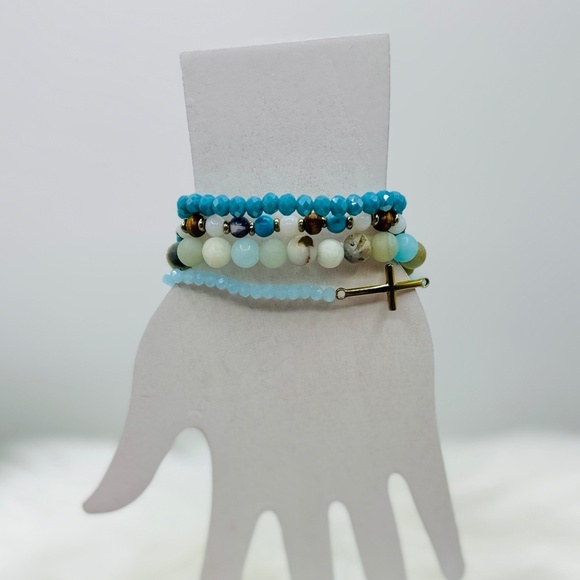 Stainless Steel Cross beaded Arm Candy  Bracelet -  Blue theme - Picture 2 of 7